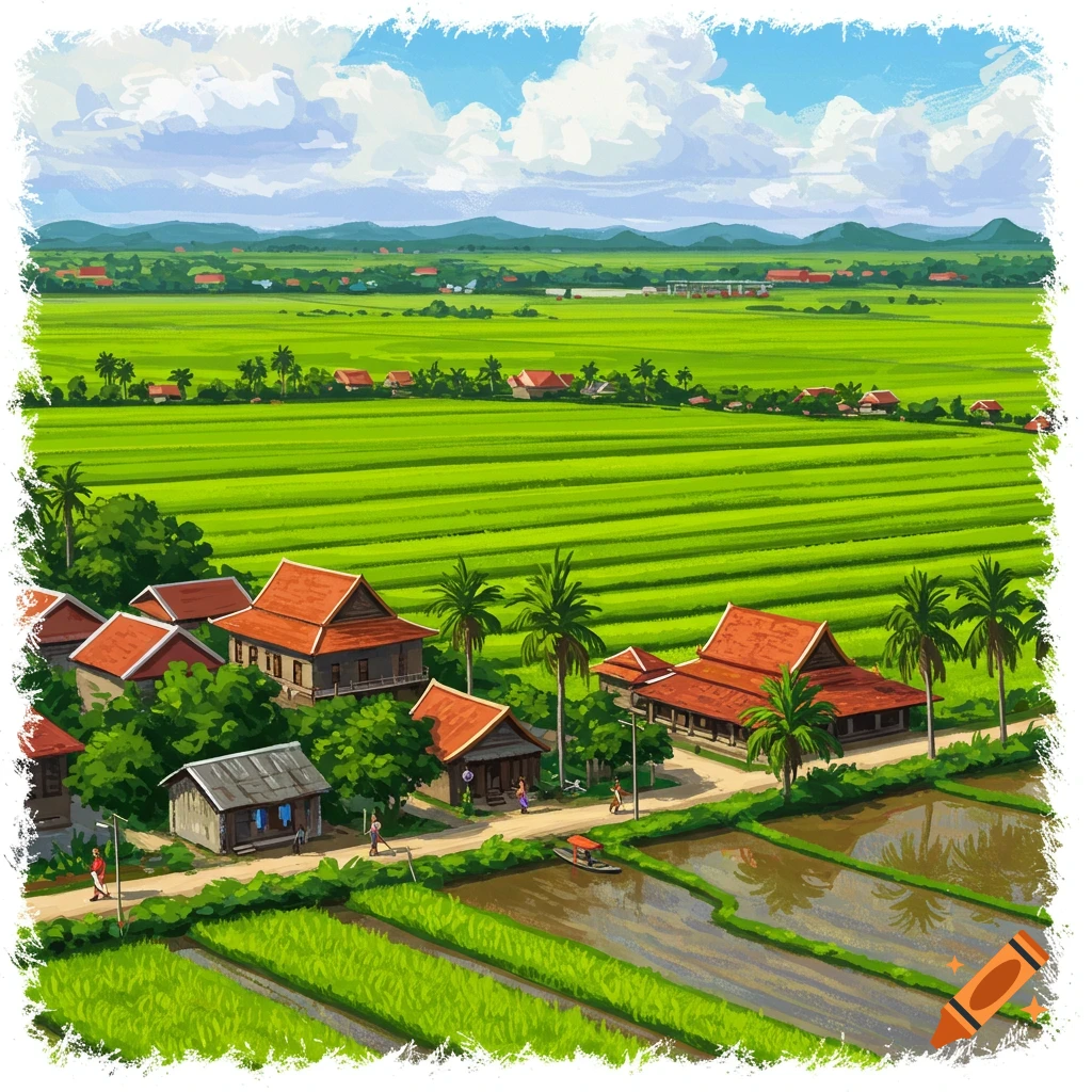 An illustration of a rural village nestled among bright green rice paddies, under a cloudy sky.