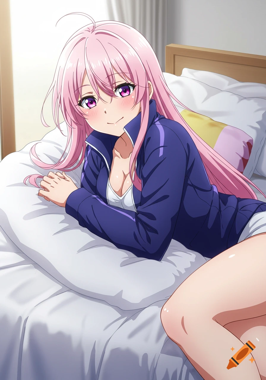 Anime girl with pink hair wearing a track jacket lies on a bed.