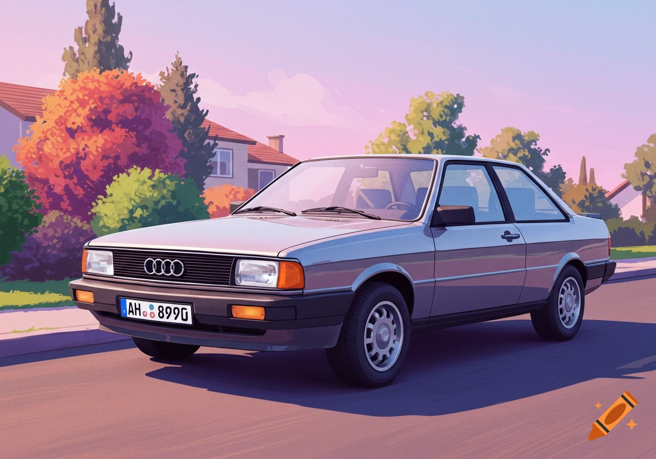 Illustration of an 80s Audi car parked on a street.
