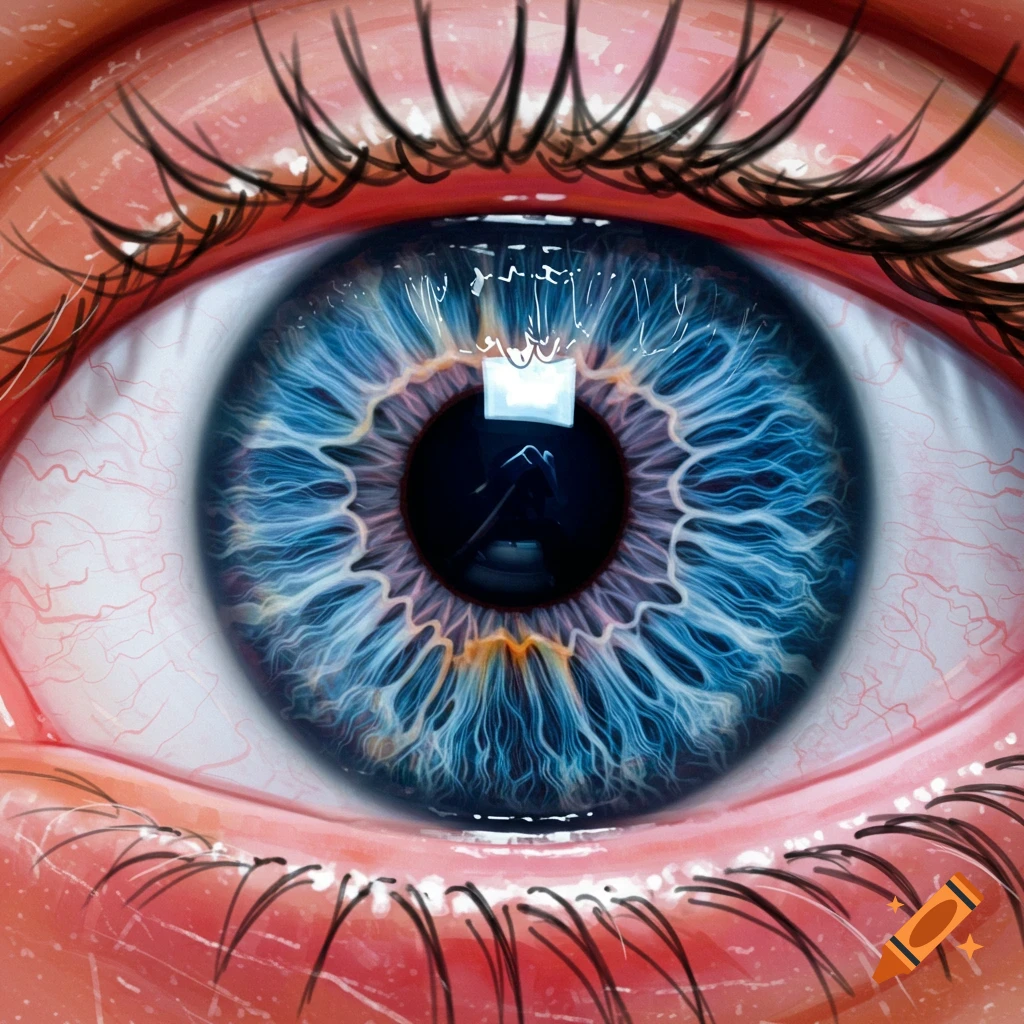 Close-up of a blue eye with a line-shaped pupil and detailed iris texture.