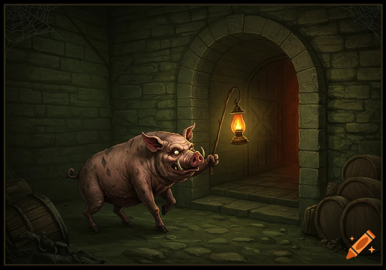 A creepy pig walks through a dark stone dungeon holding a lit oil lamp.