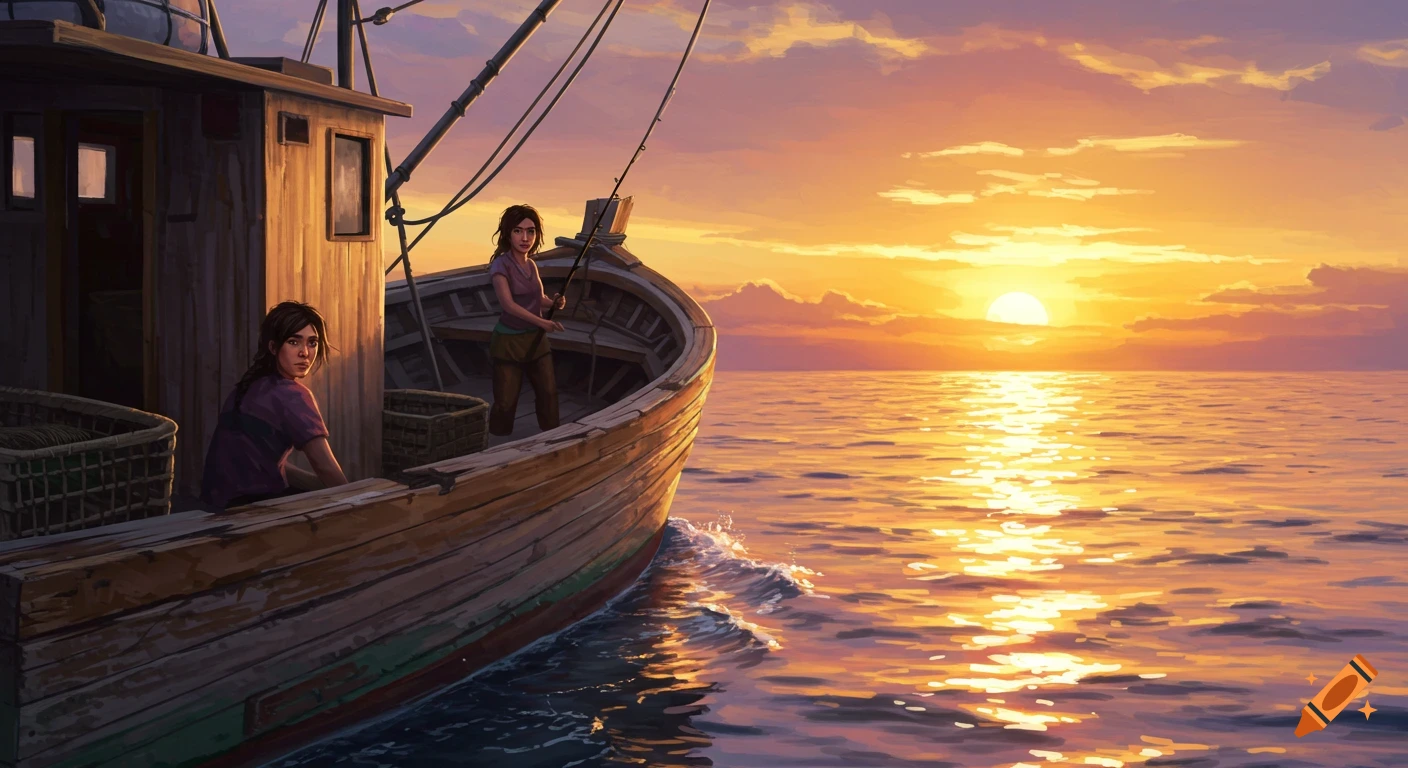 Two people on a fishing boat during a golden sunset on the ocean, illustration style.