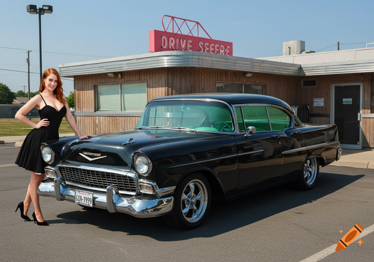 A woman in a black dress poses next to a black vintage car in front of a drive-in diner.