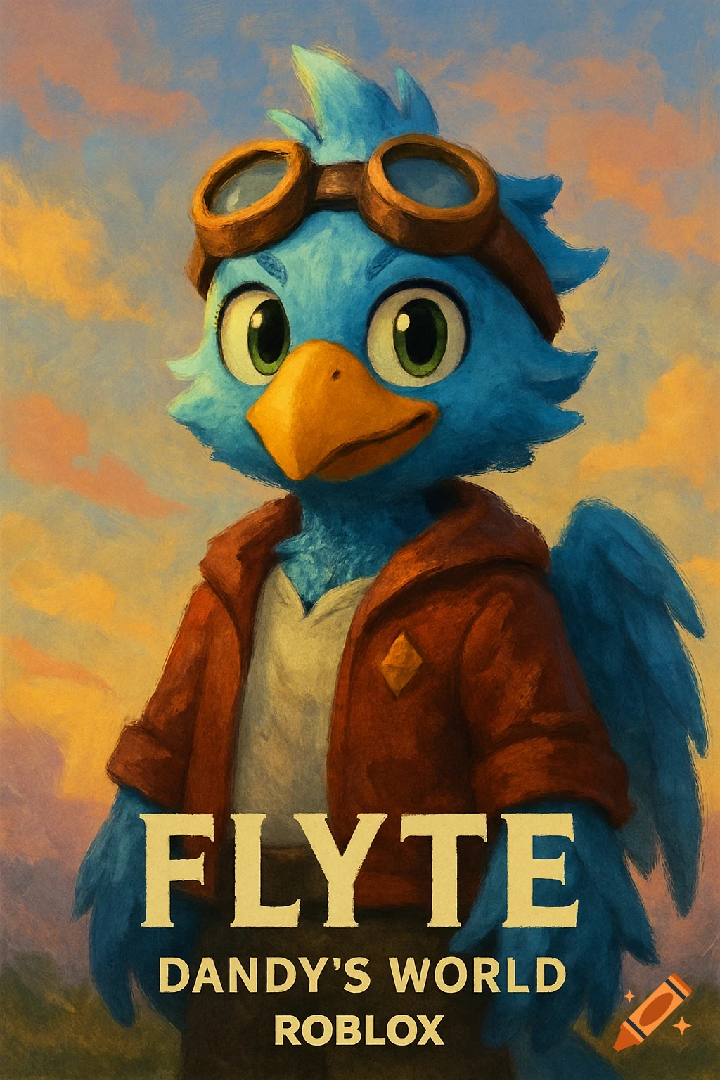 Painting of a blue cartoon bird character with goggles and jacket, text says Flyte Dandy's World Roblox