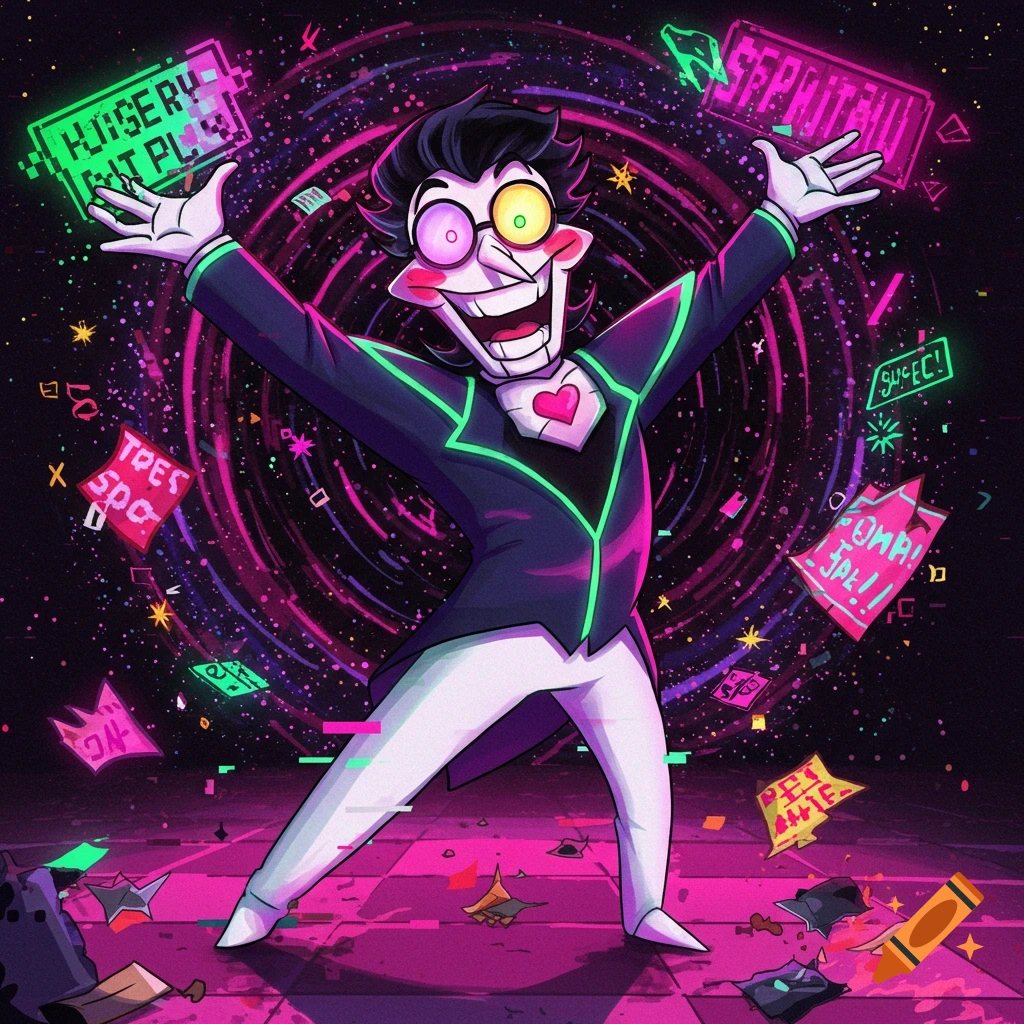 A cartoon character (Spamton) stands arms wide in a neon glitchy vortex with floating cards and debris.