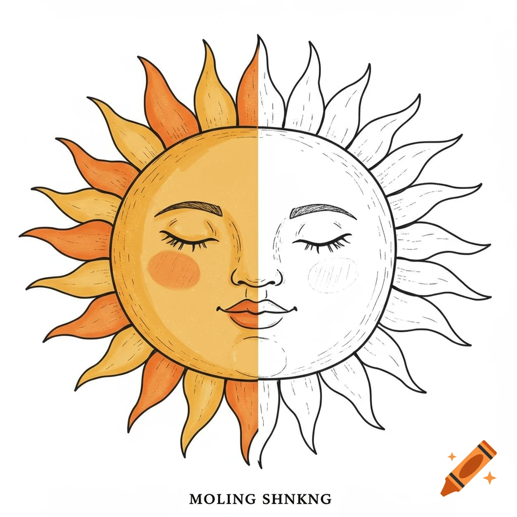 Illustration of a sun with a face, left half colored and right half outline, radiating beams on white.