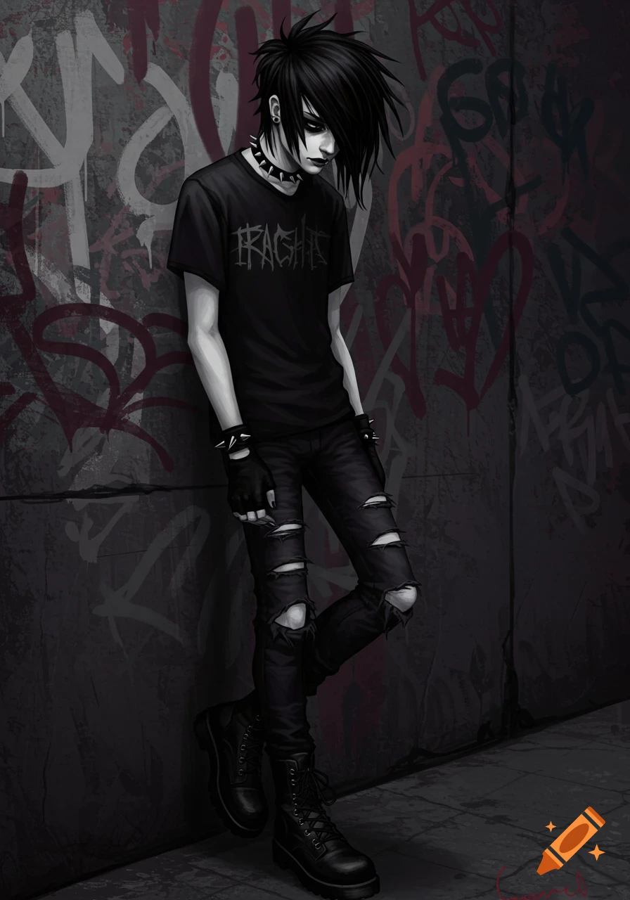 Digital illustration of an emo boy with spiky black hair, dark makeup, spiked collar, ripped jeans, and boots, leaning against a graffiti wall.