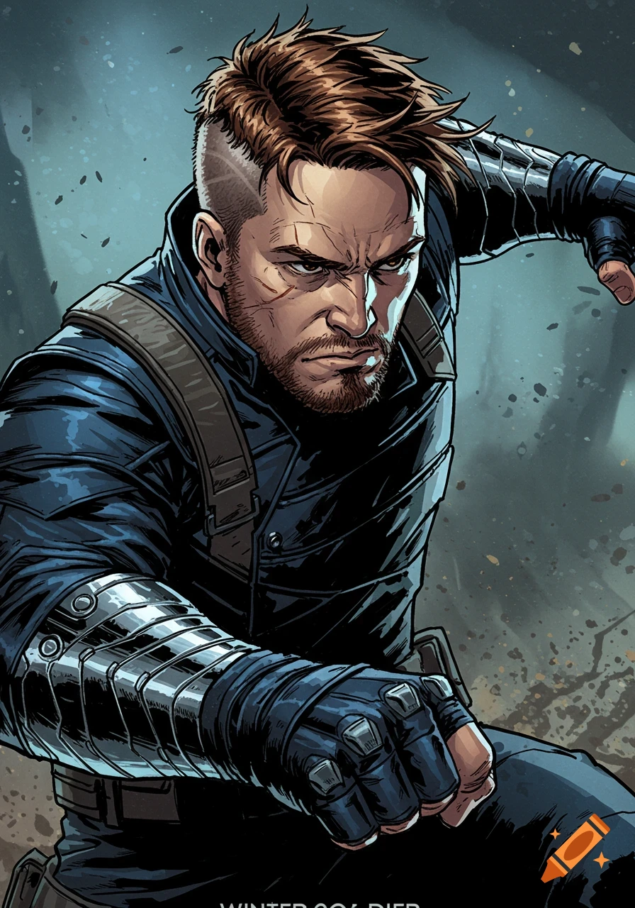 Comic book style close-up of Marvel's Winter Soldier with metal arm.