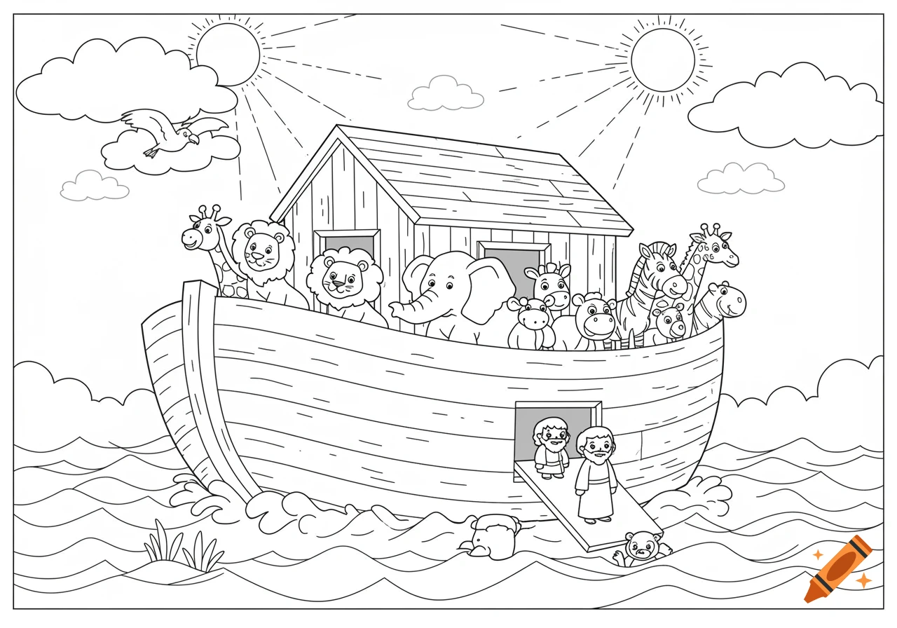 Cartoon coloring page of Noah's Ark with animals and people on deck, floating on water.