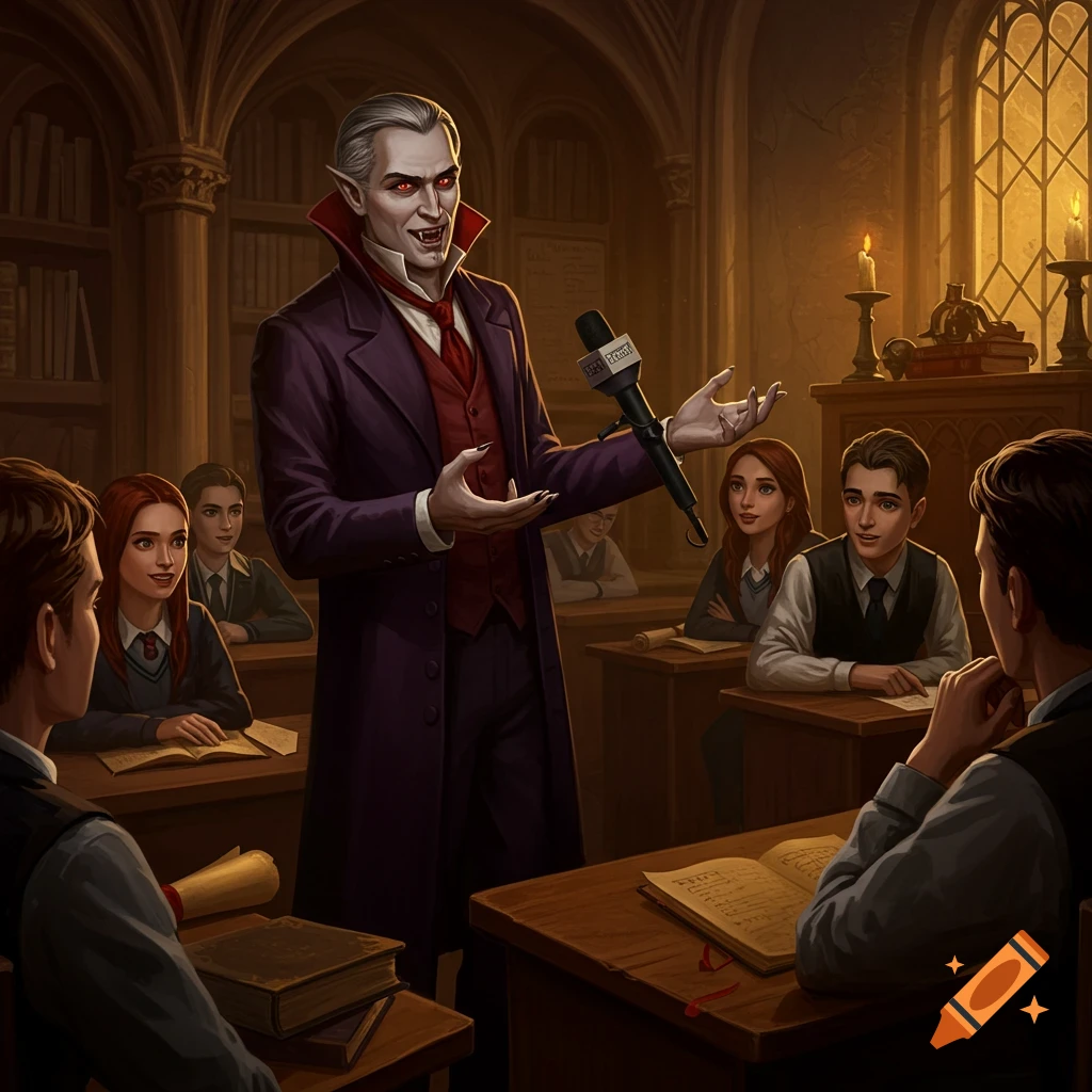 A vampire teacher speaks into a microphone while standing in a classroom full of students. Digital illustration.