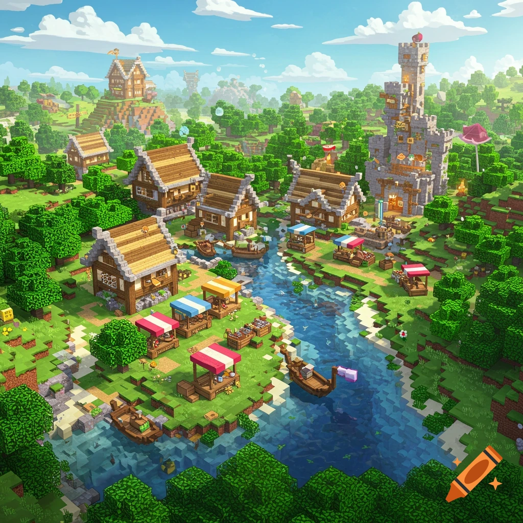 Blocky village landscape in Minecraft style with houses, river, boats, market stalls, and a tower.