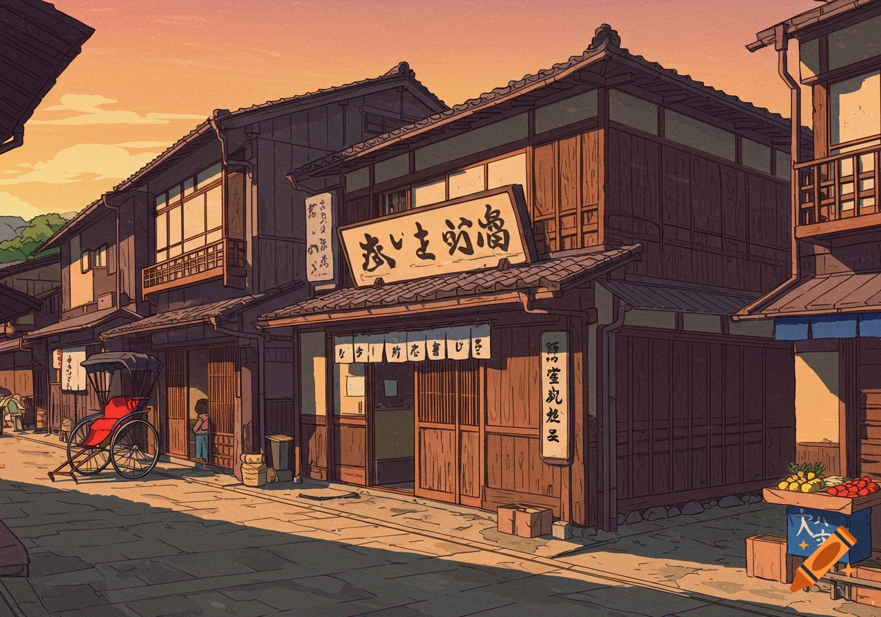 Illustration of an old-fashioned Japanese street with wooden shops and a rickshaw at sunset.
