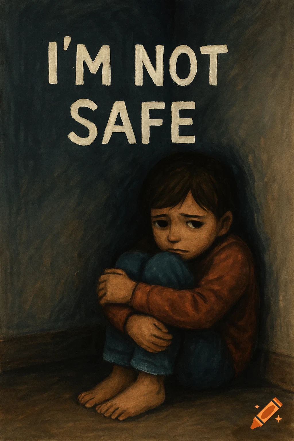Sad child huddled in a corner with 'I'm not safe' painted above, illustration.
