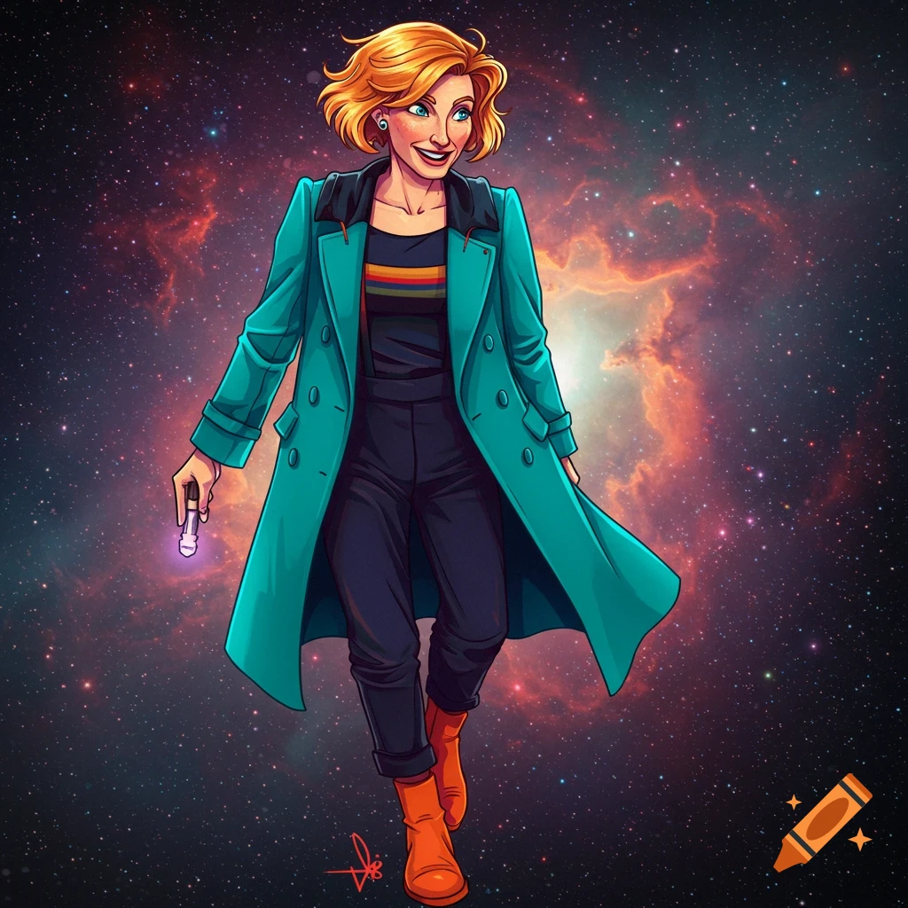 Cartoon illustration of a woman in a teal coat and orange boots holding a sonic screwdriver against a starry space background.