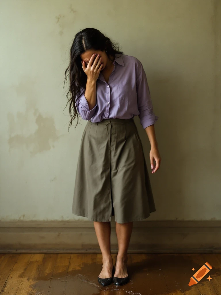 A woman in a lavender blouse and khaki skirt stands on a wooden floor crying as a puddle forms around her feet.