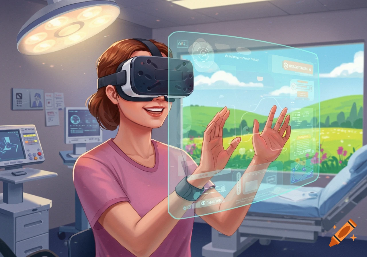 An illustration shows a smiling woman wearing a VR headset, interacting with a holographic display in a hospital room with a window view of a green field.