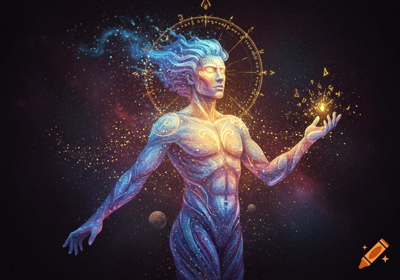 A cosmic figure made of stars and light, with blue hair and glowing skin, holding magic in its hand.