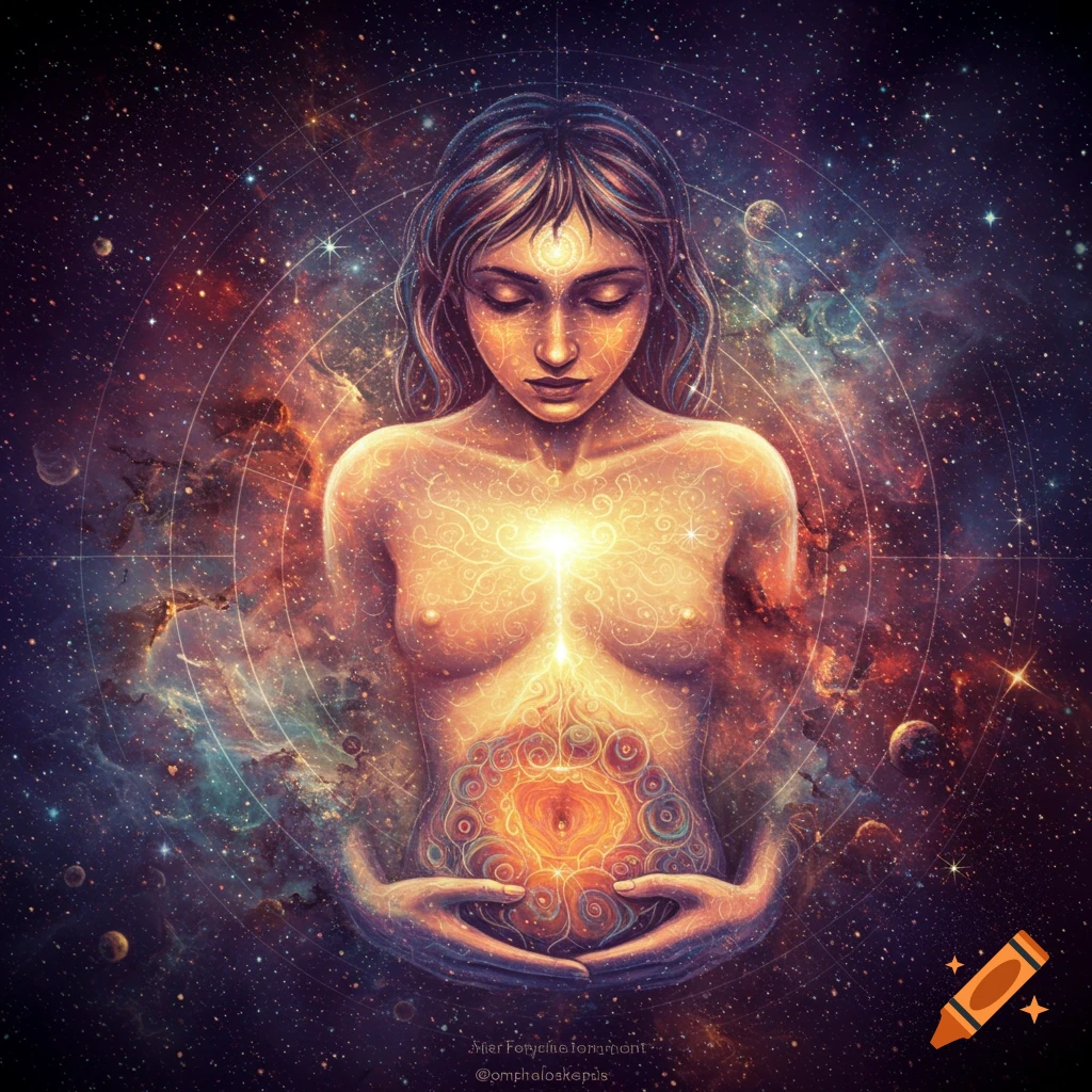 Artistic illustration of a glowing woman with internal energy patterns set against a cosmic background