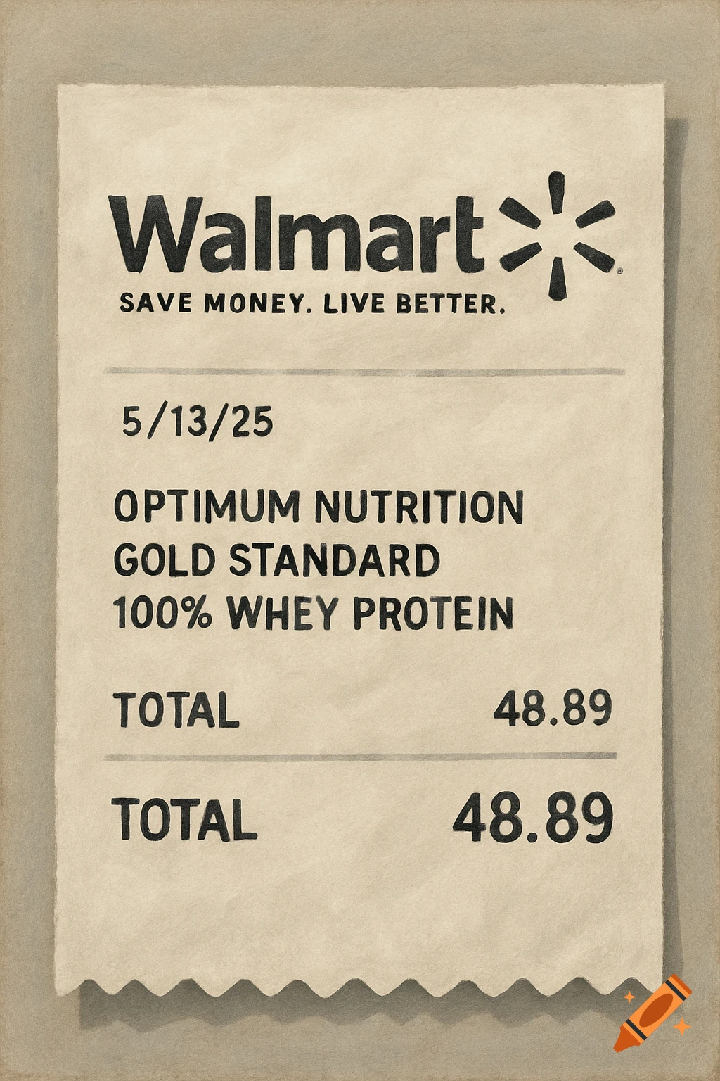 A close-up of a Walmart receipt showing a purchase of Optimum Nutrition protein for $48.89 on 5/13/25.