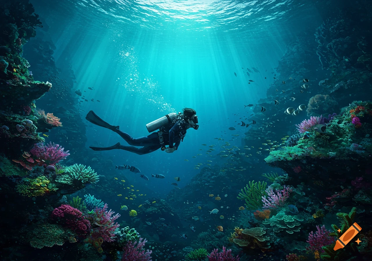 A diver swims among colorful coral reefs with fish and sunlight beaming from above.
