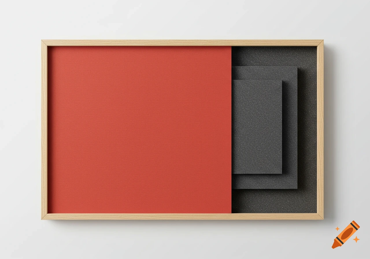 A modern artwork in a wooden frame featuring a red surface partially covering dark textured layers.