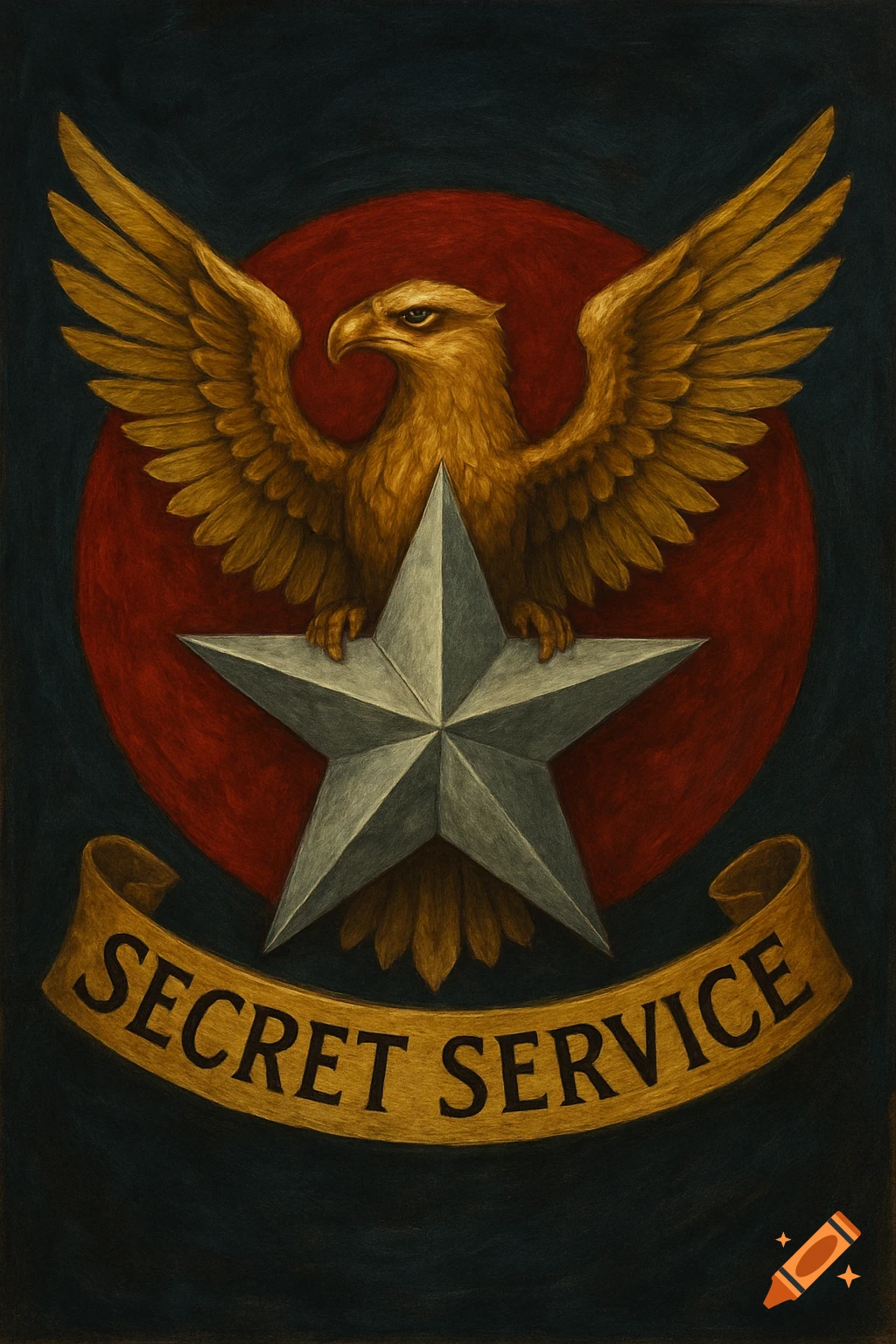 A symbol featuring a golden eagle with outstretched wings perched atop a large silver star, set against a red circle and dark background. A gold banner below reads "SECRET SERVICE".