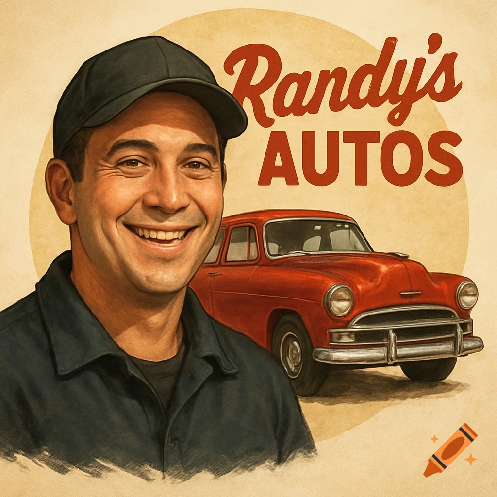 Illustration of a smiling man in a cap next to a red vintage car, with the text 'Randy's AUTOS' in a circular design.