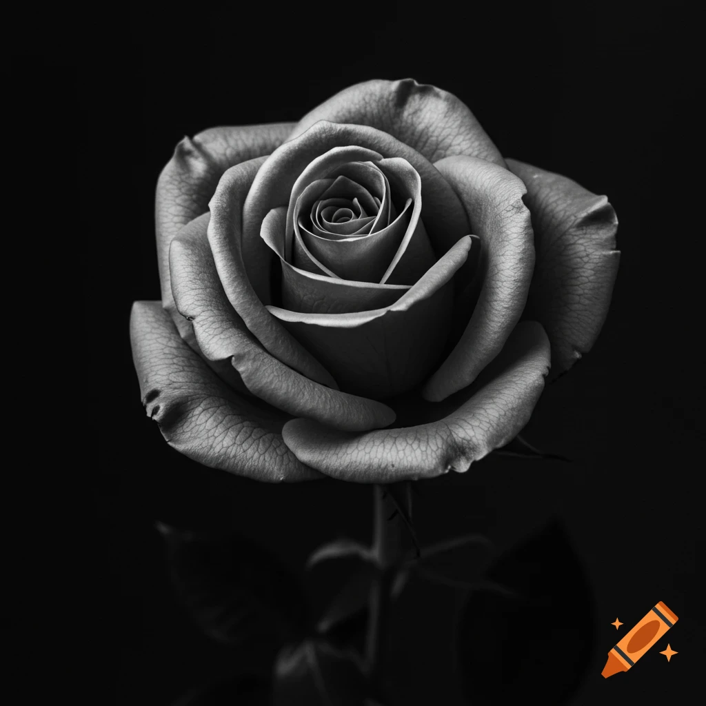 A black and white close-up photo of a rose.