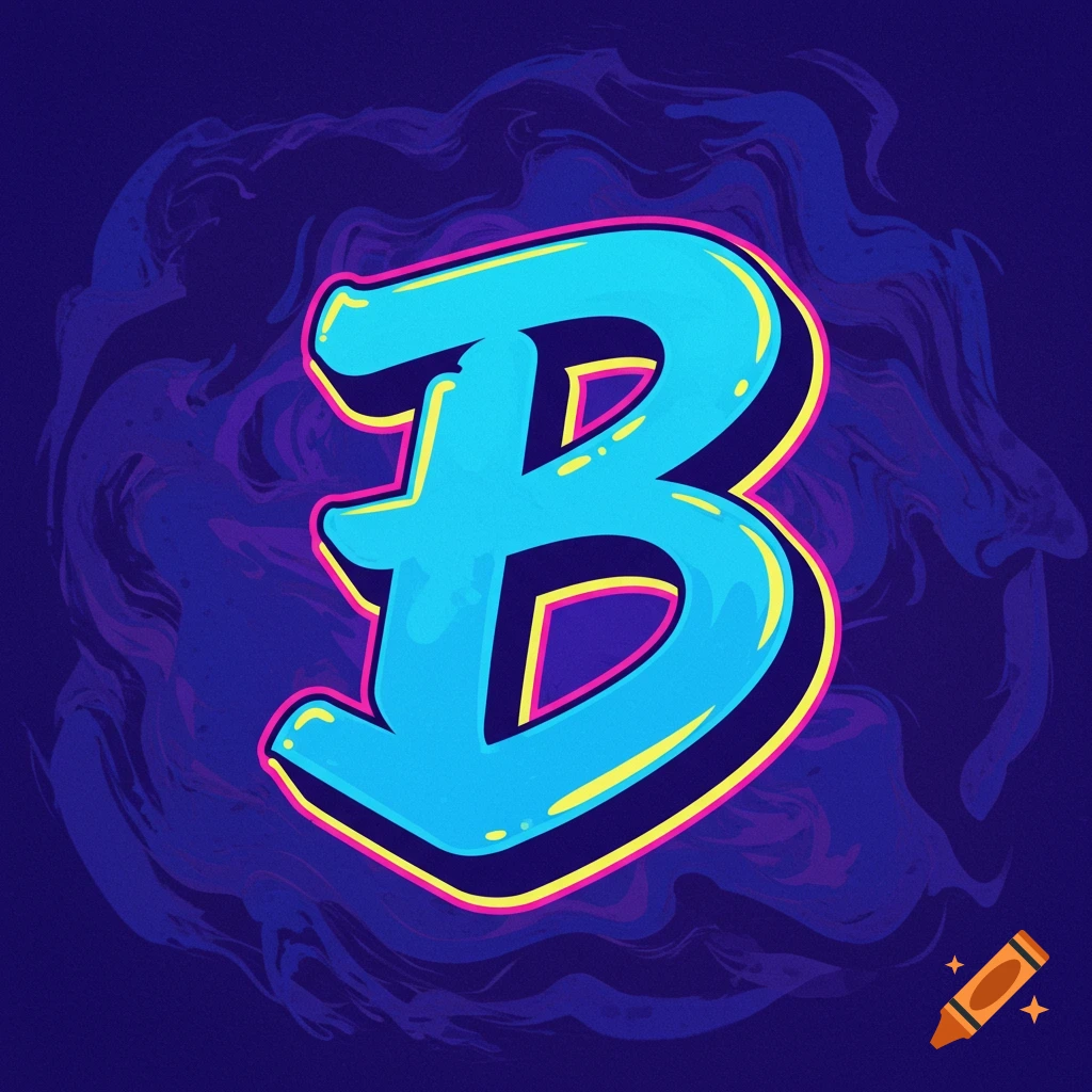 A stylized blue letter B with pink and yellow outline against a dark abstract background.