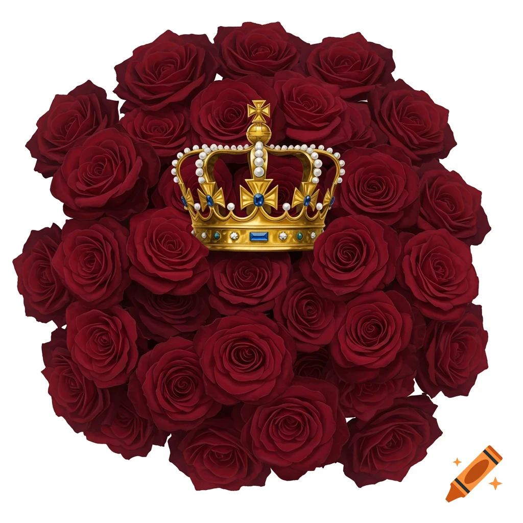 A golden royal crown rests on a large bouquet of red roses.