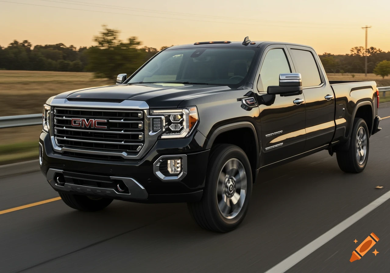 A black GMC Sierra pickup truck drives on a highway at sunset