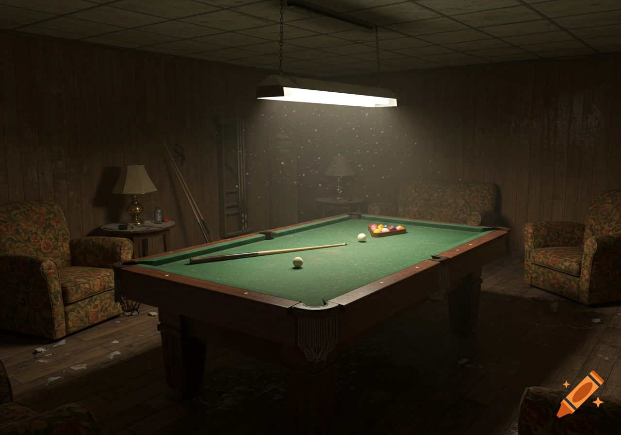 A realistic photograph of a dimly lit, dusty pool room with a pool table, cue sticks, balls, armchairs, and a lamp.