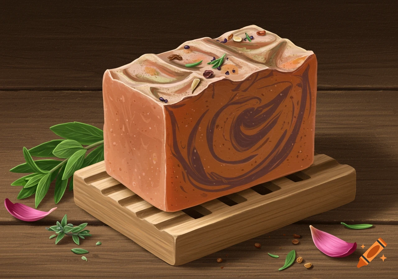 Handcrafted bar of soap with herbs on a wooden dish.
