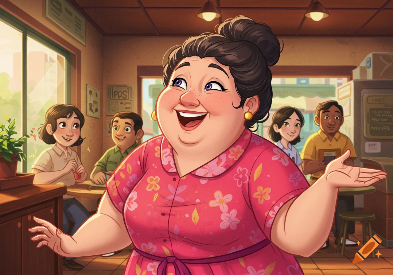 Illustration of a smiling, plump woman in a pink floral dress in a cafe setting with other people in the background.
