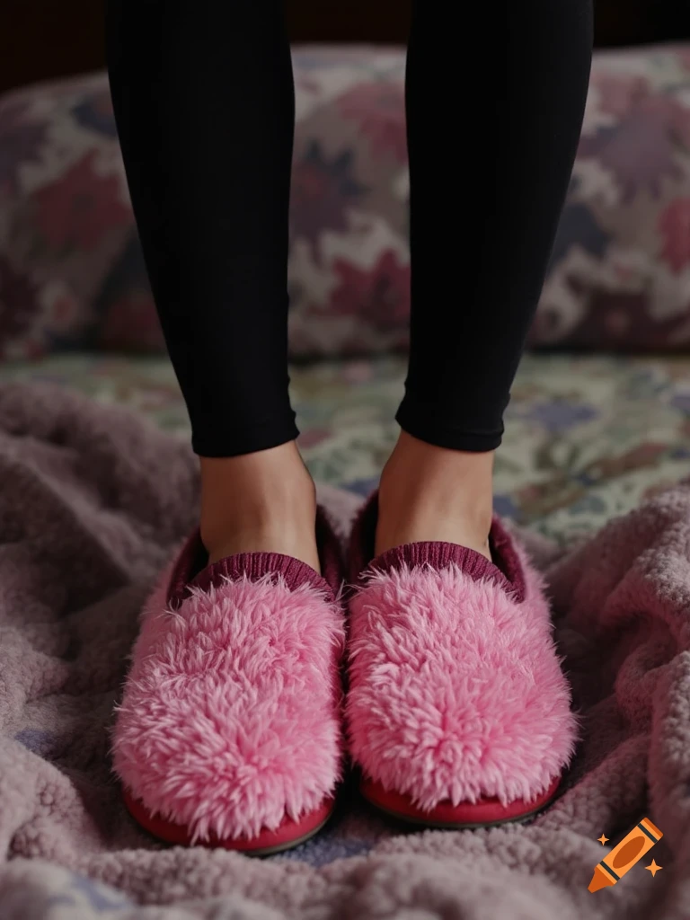 Person wearing black leggings and furry pink slippers on a blanket