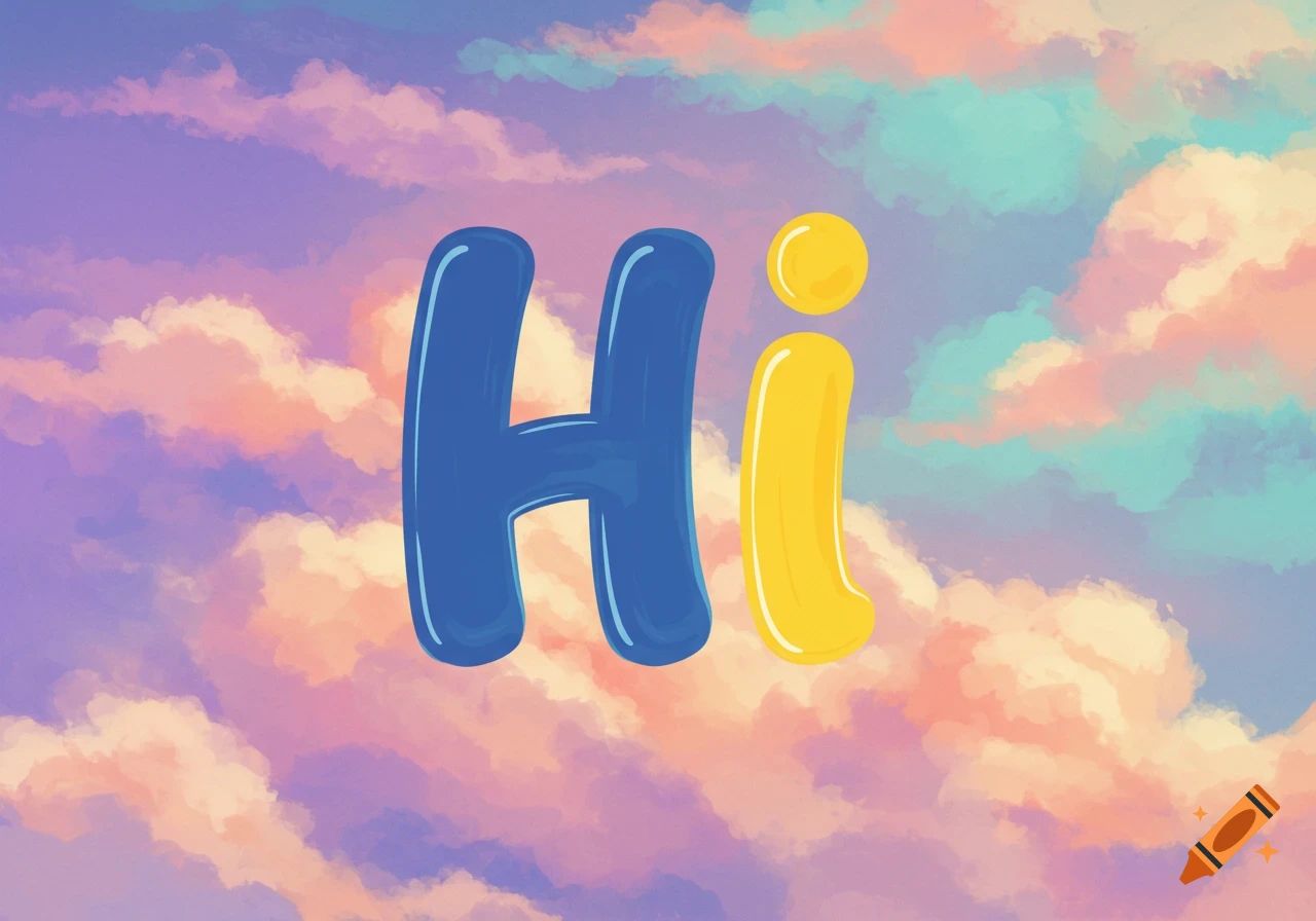 Large, stylized blue and yellow letters spelling 'Hi' over a pastel cloudy sky.