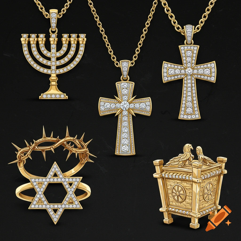 Iced-out gold and diamond jewelry featuring menorah, crosses, Star of David ring, and Ark of the Covenant.