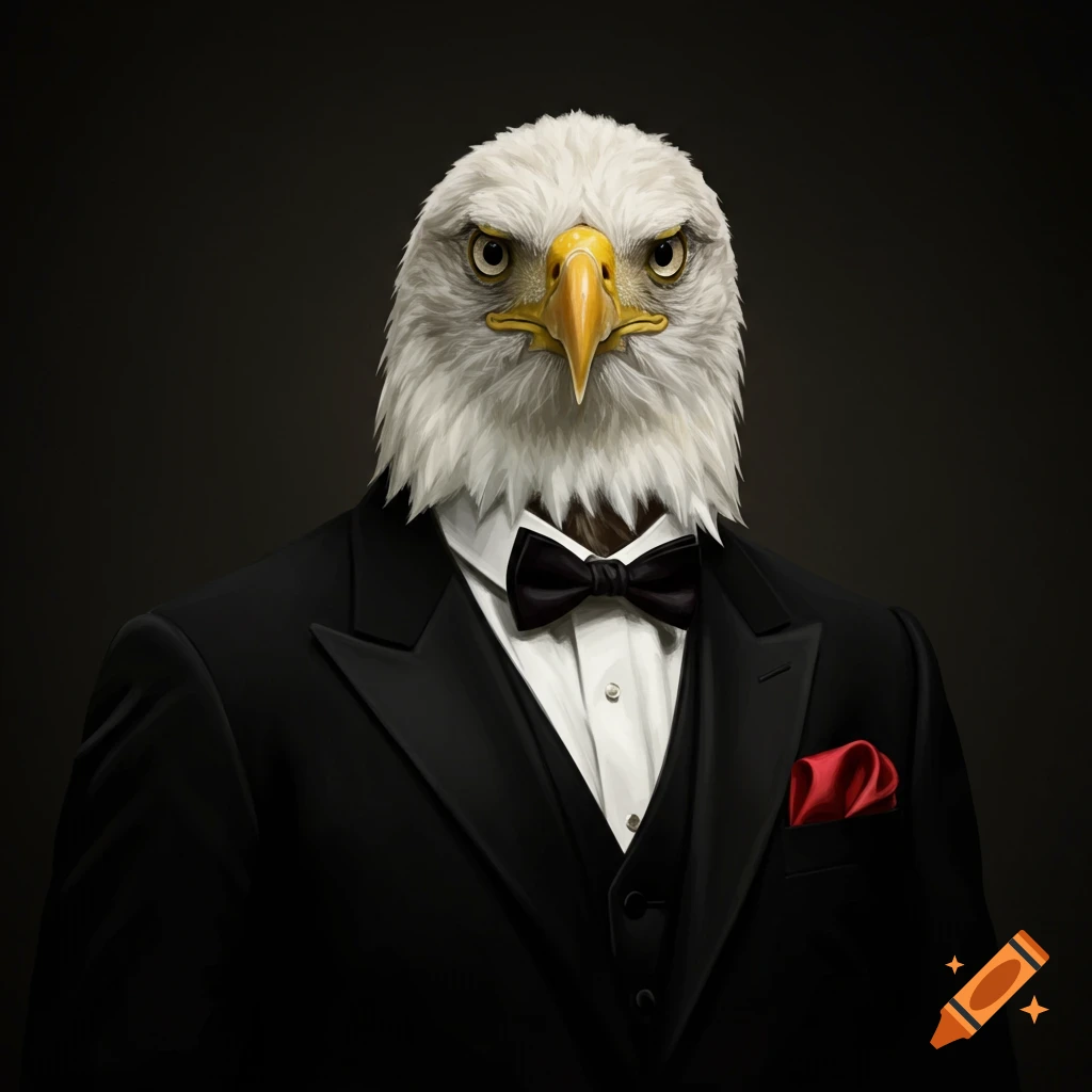 A close-up portrait of a bald eagle wearing a tuxedo and a red pocket square.