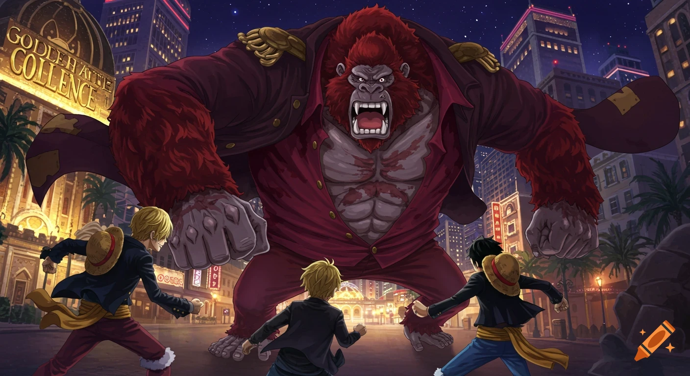 Giant red gorilla fights two anime characters in a city at night.