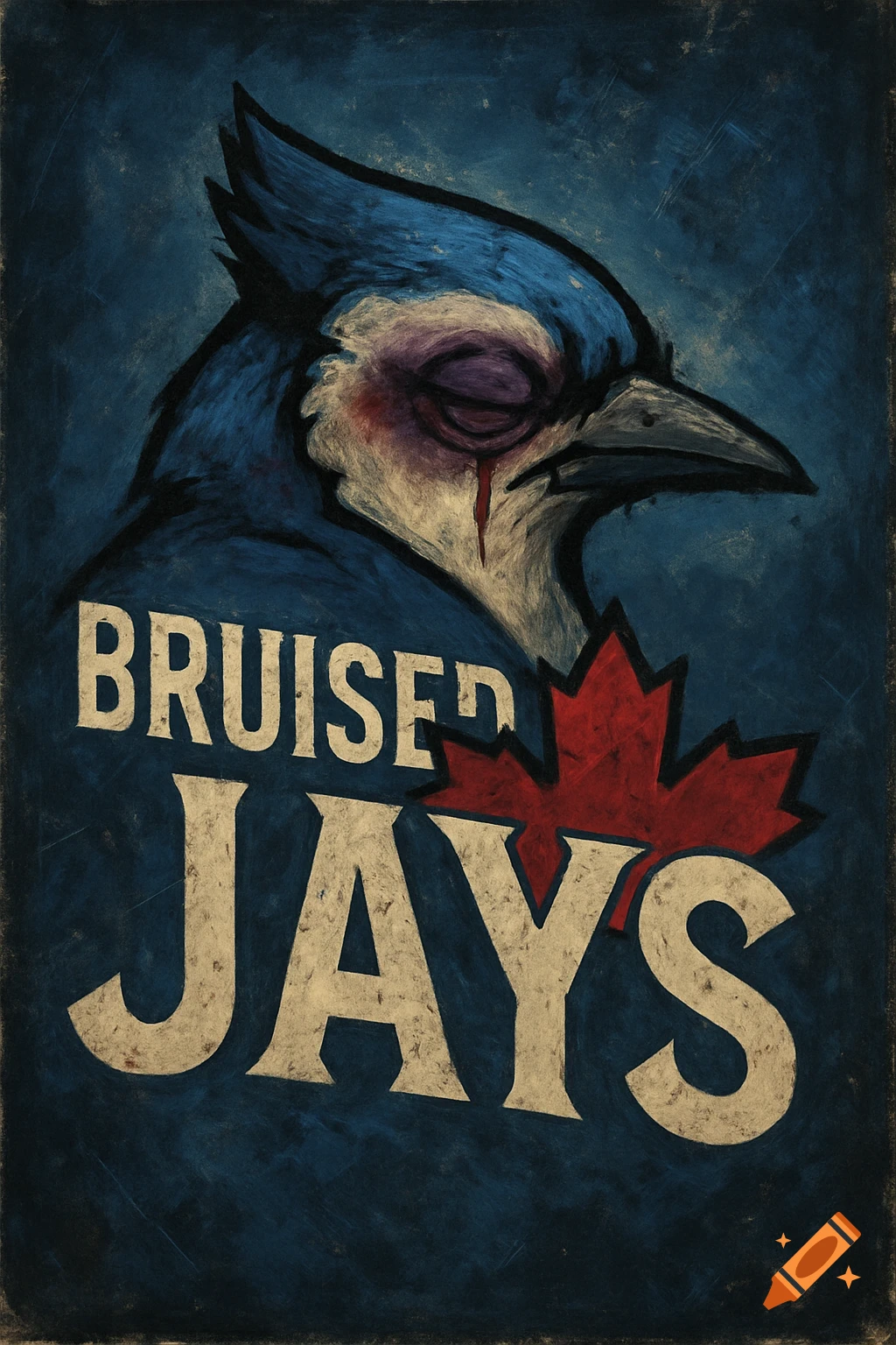 Stylized painting of a bluejay with a bruised eye, text 'BRUISED JAYS', and a maple leaf.