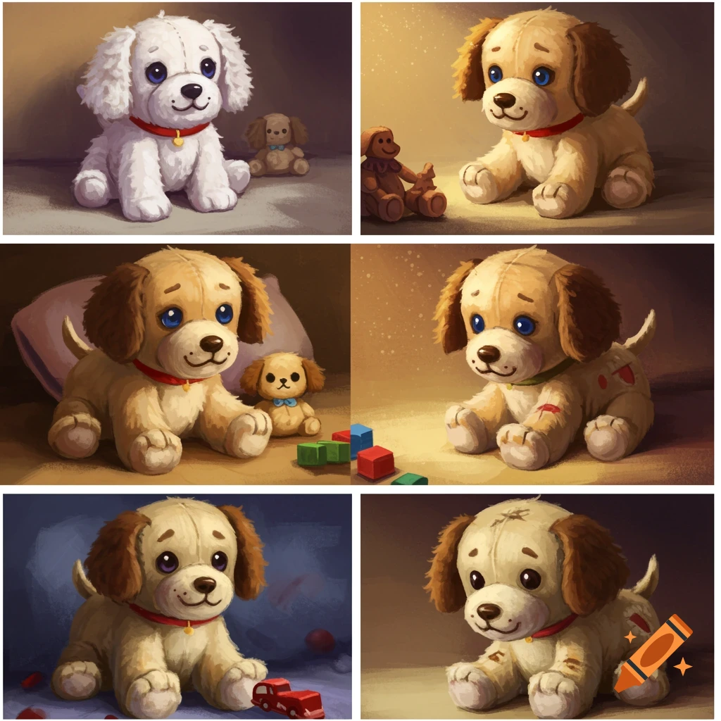 A grid of illustrations showing cute stuffed dog plush toys.