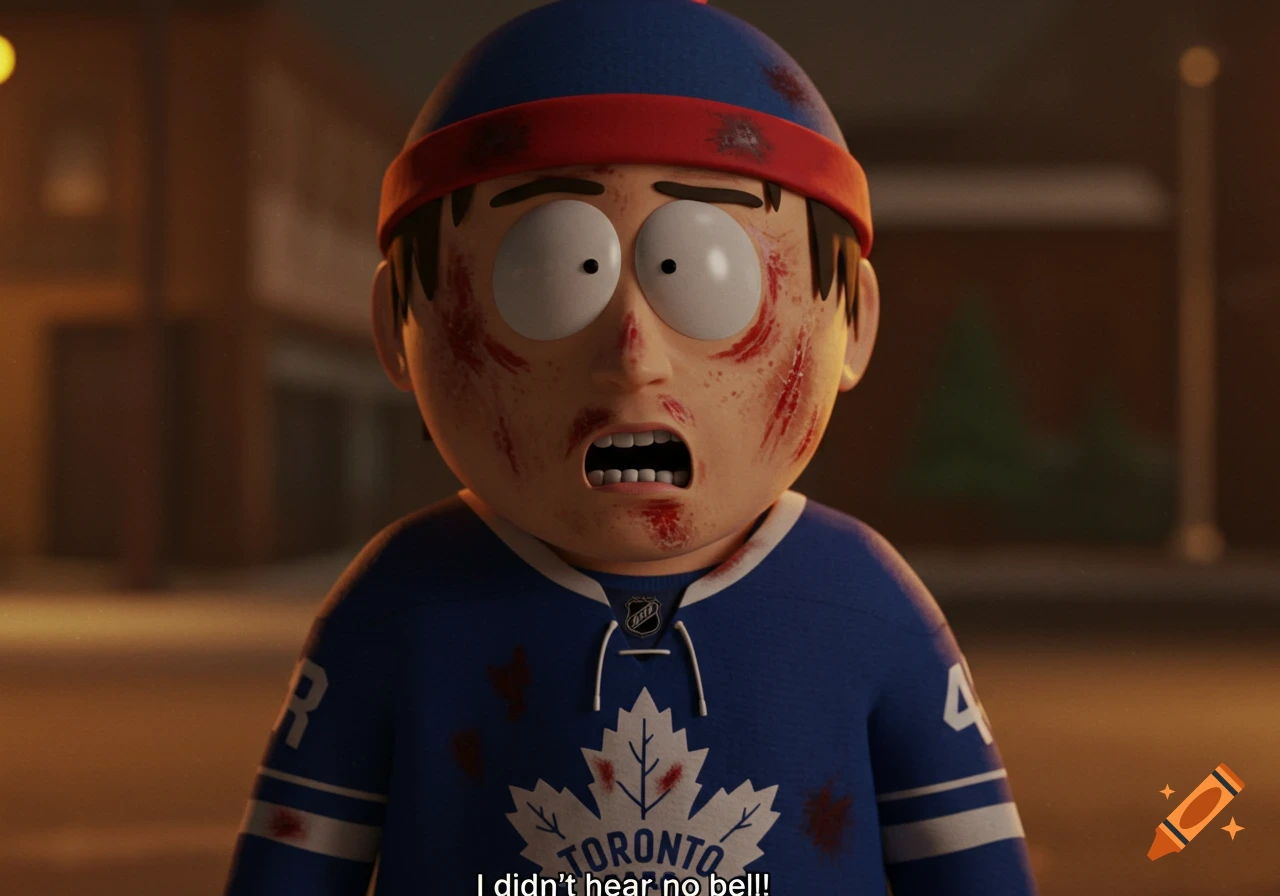 Close-up of a cartoon character (Stan from South Park) with cuts and blood on face, wearing a hockey jersey.