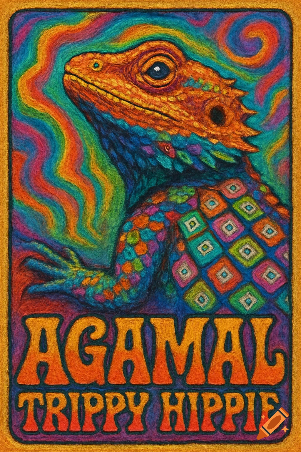 Trippy oil pastel poster of a colorful lizard with text.