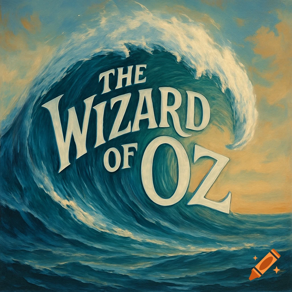 A large ocean wave with the text "THE WIZARD OF OZ" on it, in a painterly style.