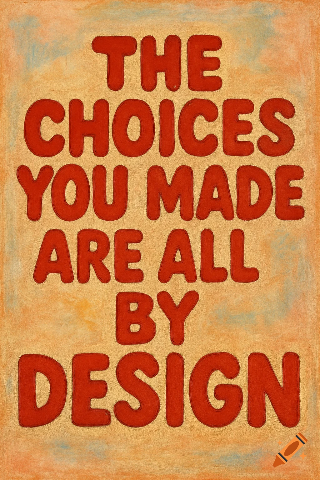 Red bubble text on a textured orange background reading 'THE CHOICES YOU MADE ARE ALL BY DESIGN'.
