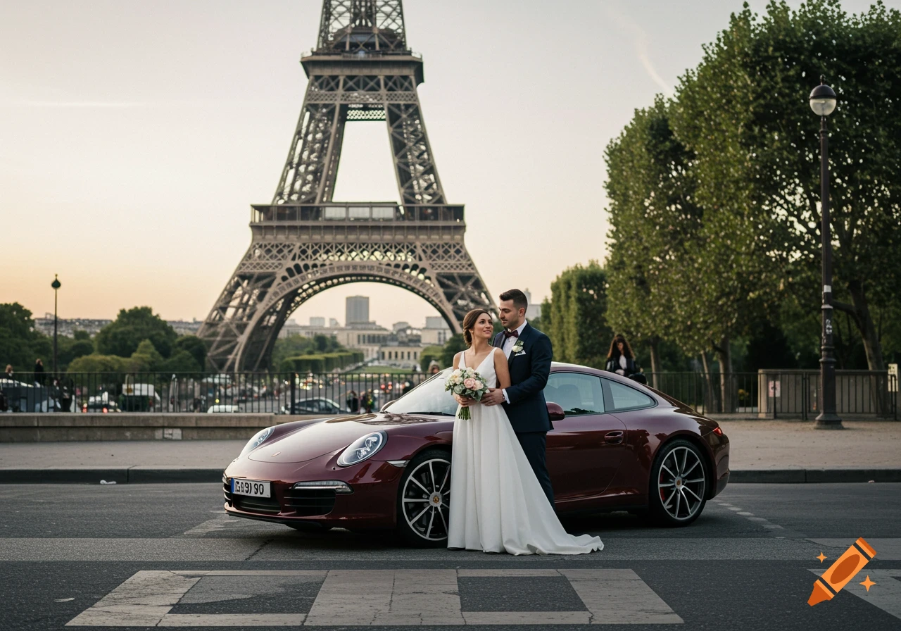 Bride and groom pose with a red Porsche and the Eiffel Tower in Paris.