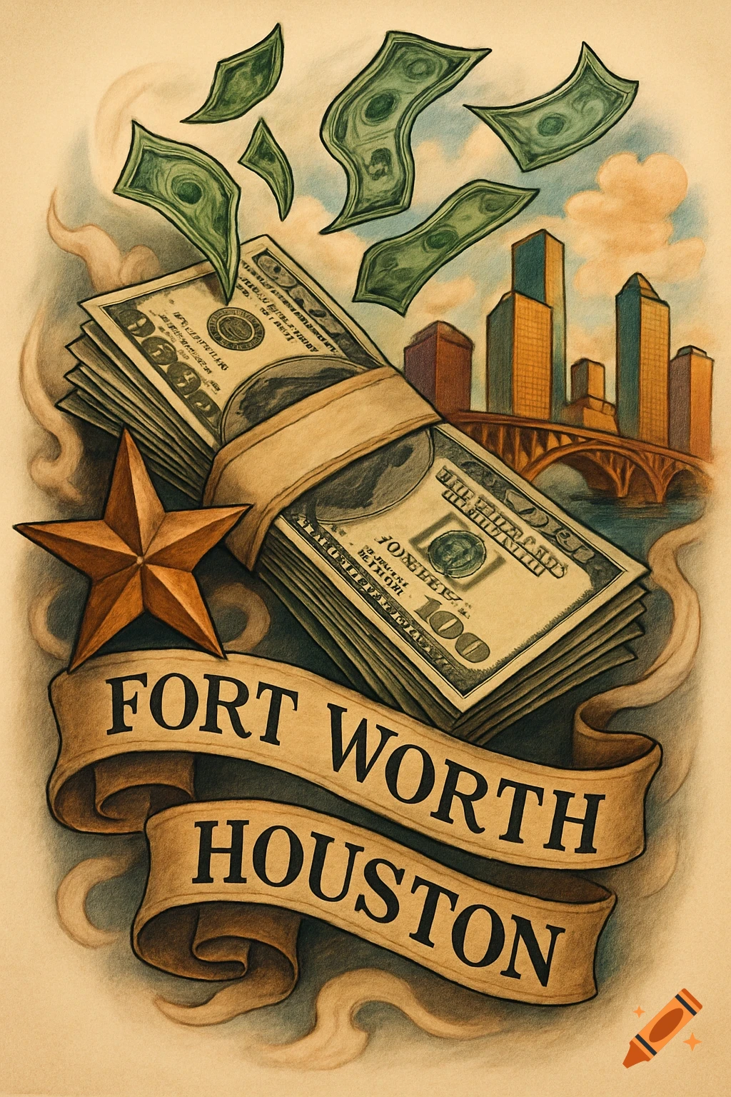 Illustration of a stack of money with bills floating, a Texas star, and banners reading 'FORT WORTH HOUSTON' in front of a city skyline. Tattoo art style.