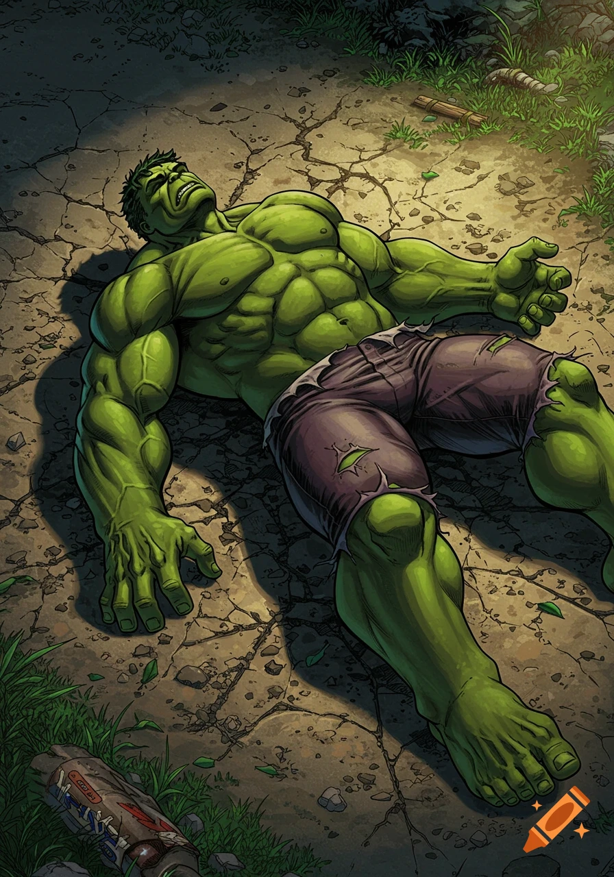 The Incredible Hulk lies knocked out on the ground in comic book art style.