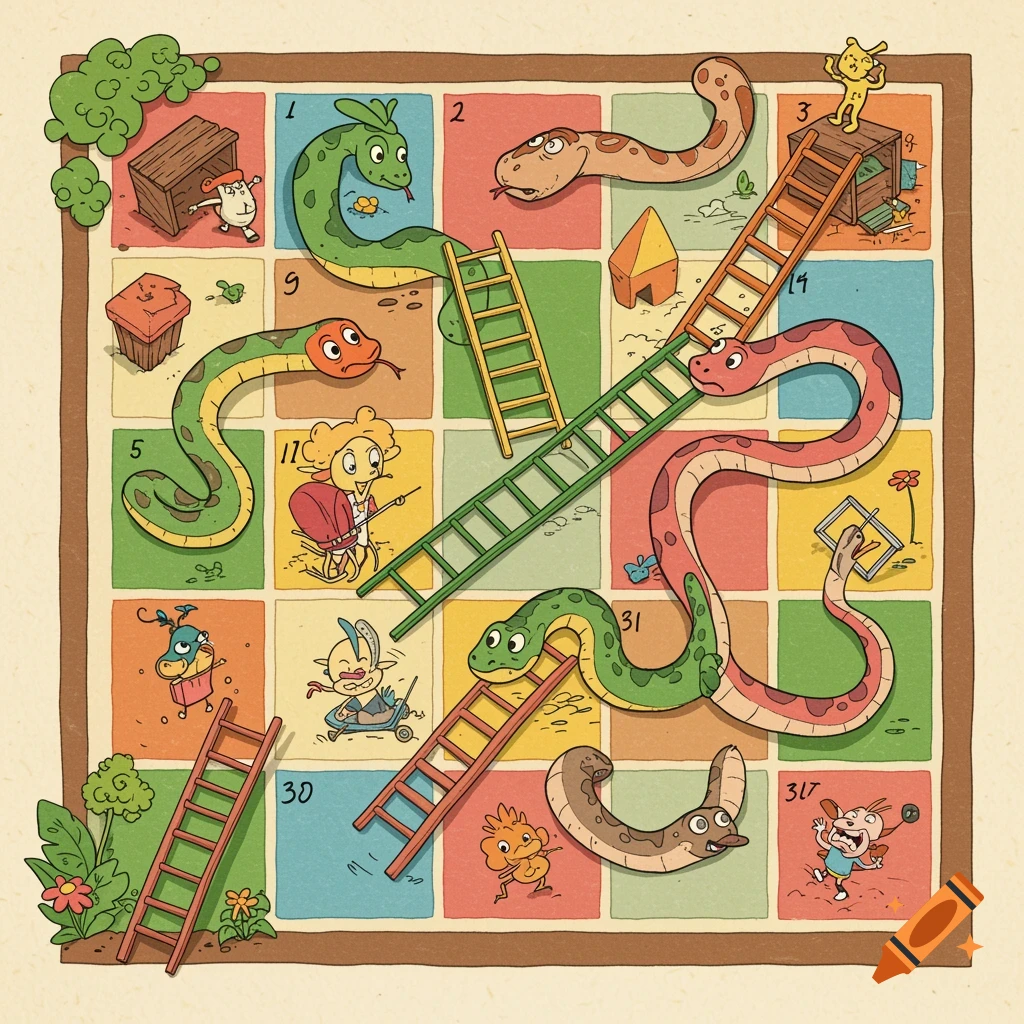 Cartoon illustration of a Snakes and Ladders board game with colorful squares, snakes, ladders, and quirky characters.