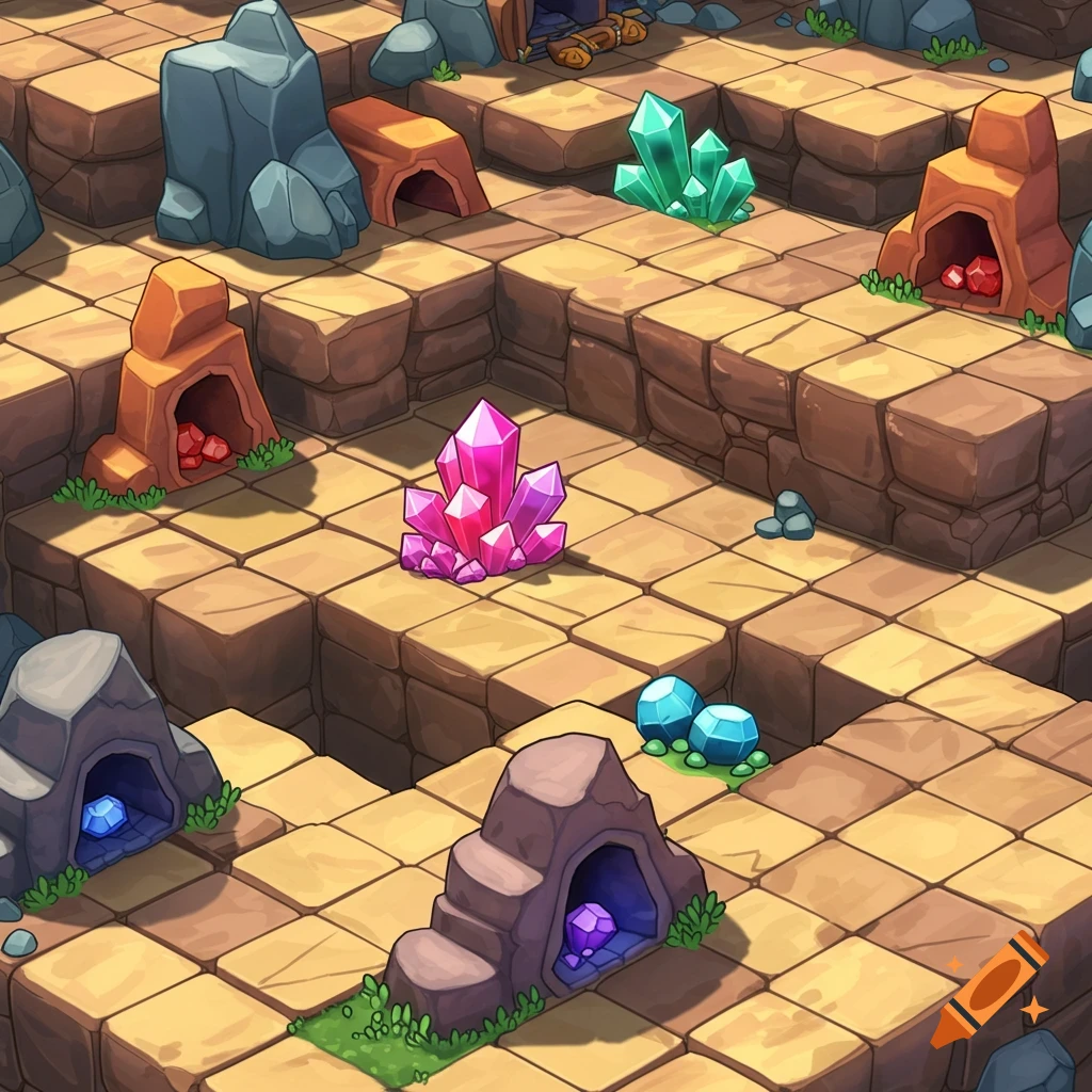 Cartoony game map with a grid of platforms, rock formations, and clusters of colorful gems.